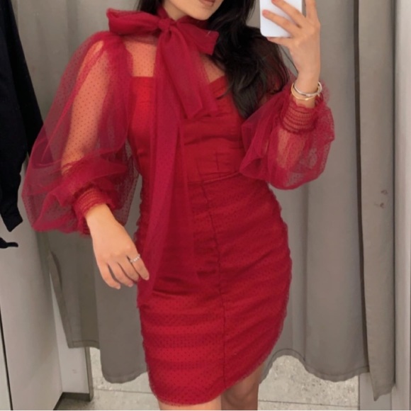 ZARA Tulle Swiss Dot Puff Sleeve Ruche Mini Dress Valentines Day Stunner 💋 - Picture 4 of 9